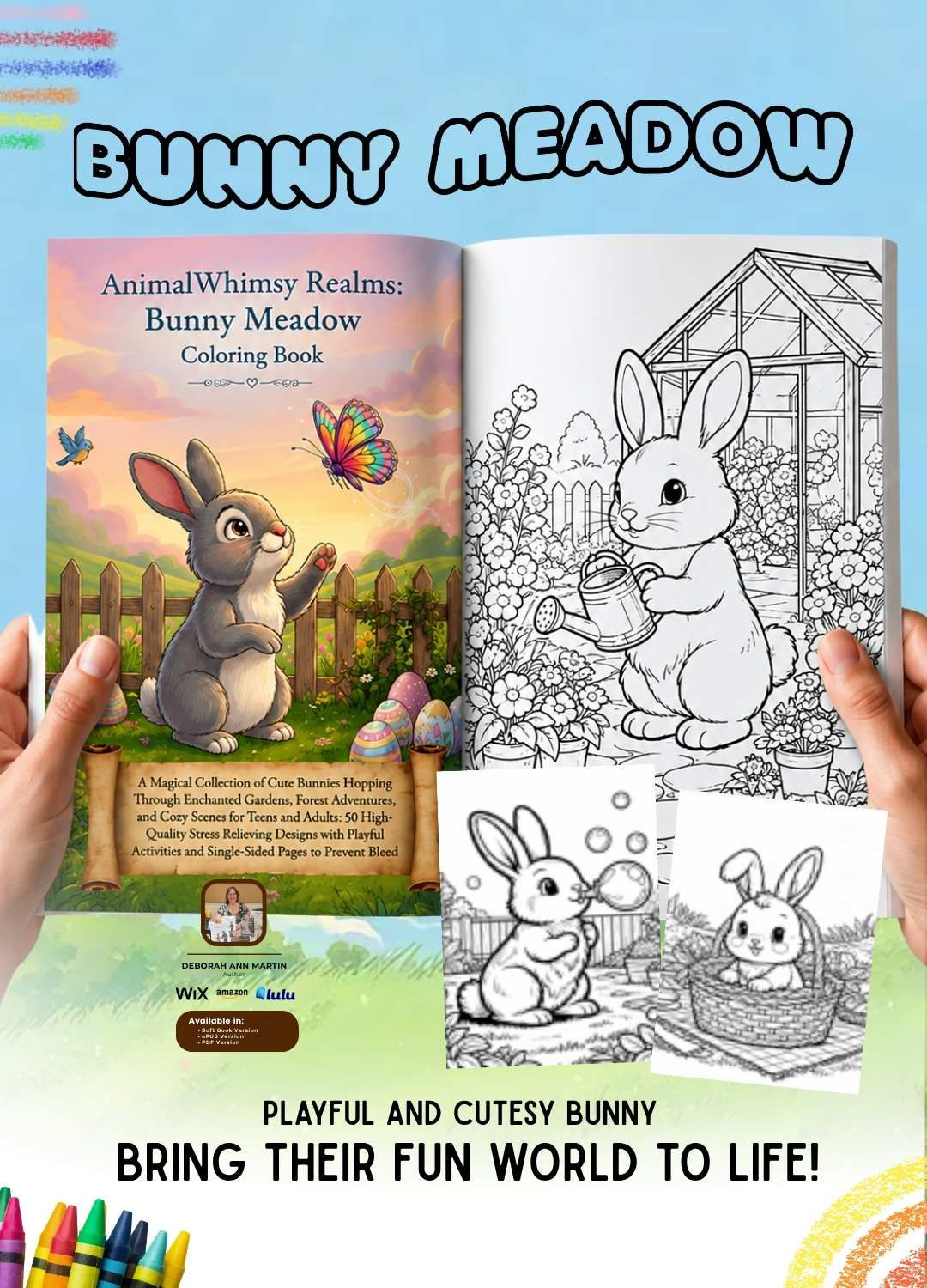 AnimalWhimsy Realms Bunny Meadow Coloring Book featuring adorable bunnies, meadow scenes, and sample coloring pages.