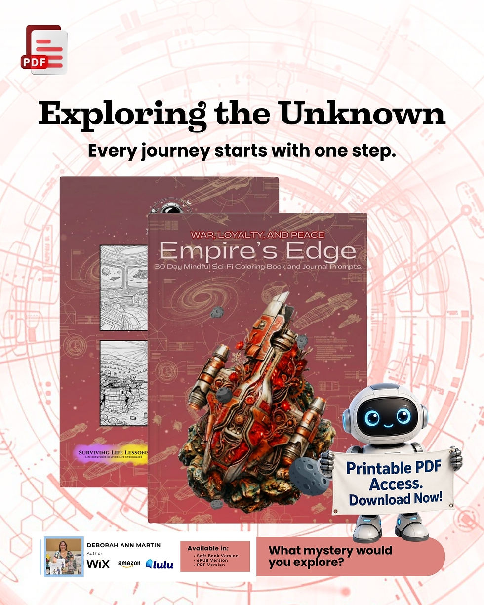 PDF featuring a sci-fi coloring journal with futuristic artwork, guided reflection prompts, mindfulness activities, and downl
