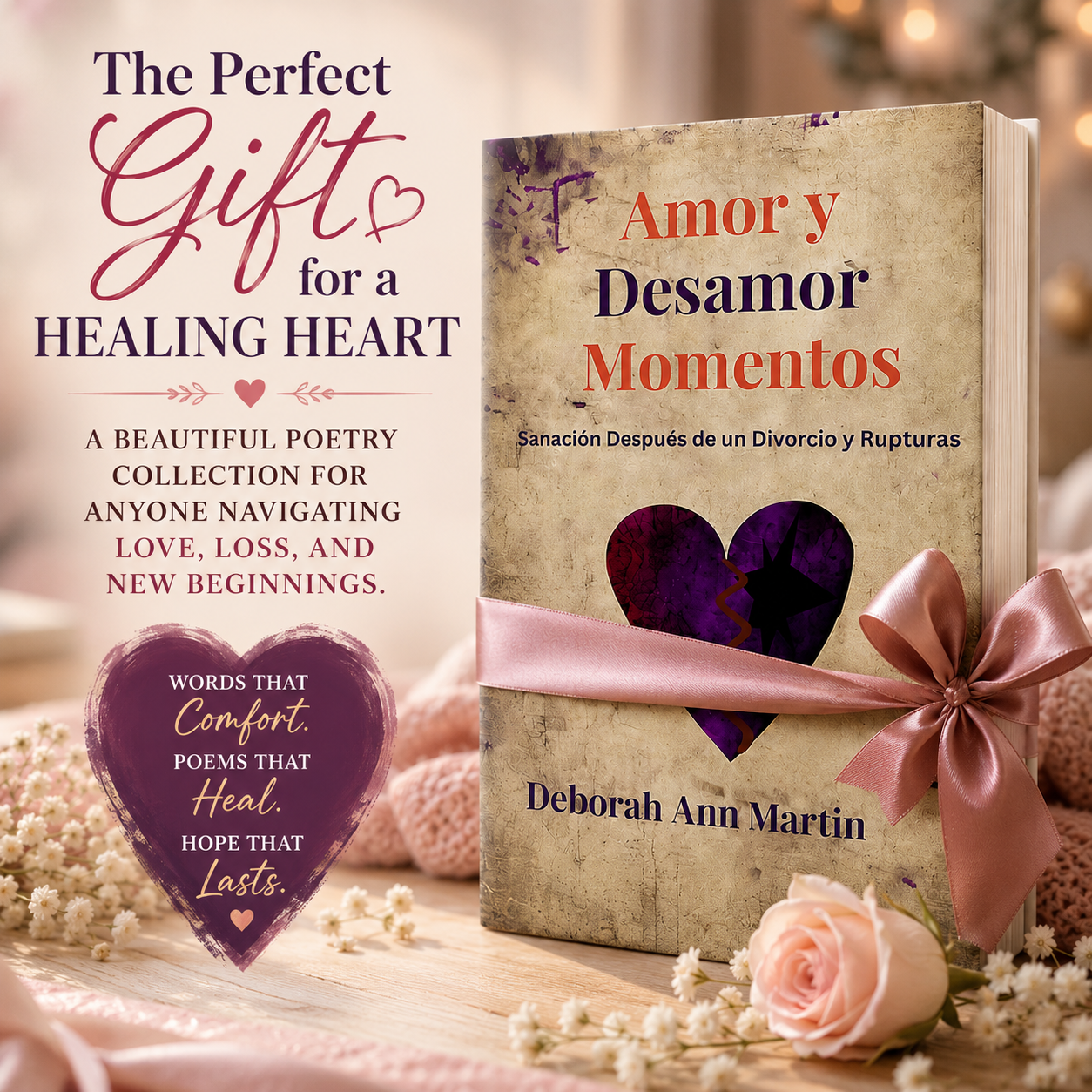 Amor y Desamor Momentos soft book displayed with a romantic gift-themed design featuring roses, hearts, and elegant pink and