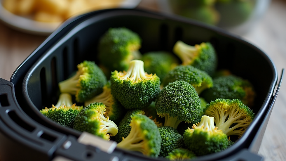 Eye-level view of air fryer basket filled with seasoned broccoli florets