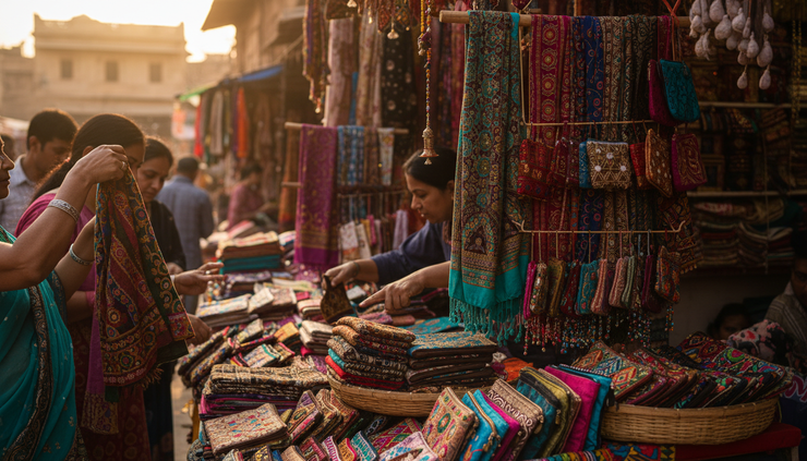 Low-angle view of a handmade product stall with colourful fabric items arranged for shoppers