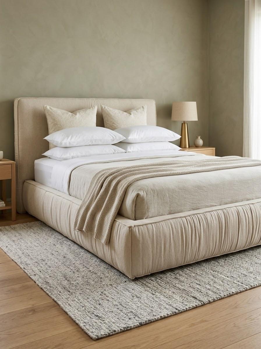 Marshmallow bed 120cm — Bed platform: Massive Pine wood 5cm thickness — Headboard: Natural blockboard + Massive Beech