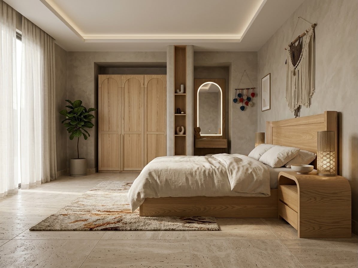 Leila Bed — Bed platform: Massive Oak wood — Headboard: Natural blockboard + Massive Oak