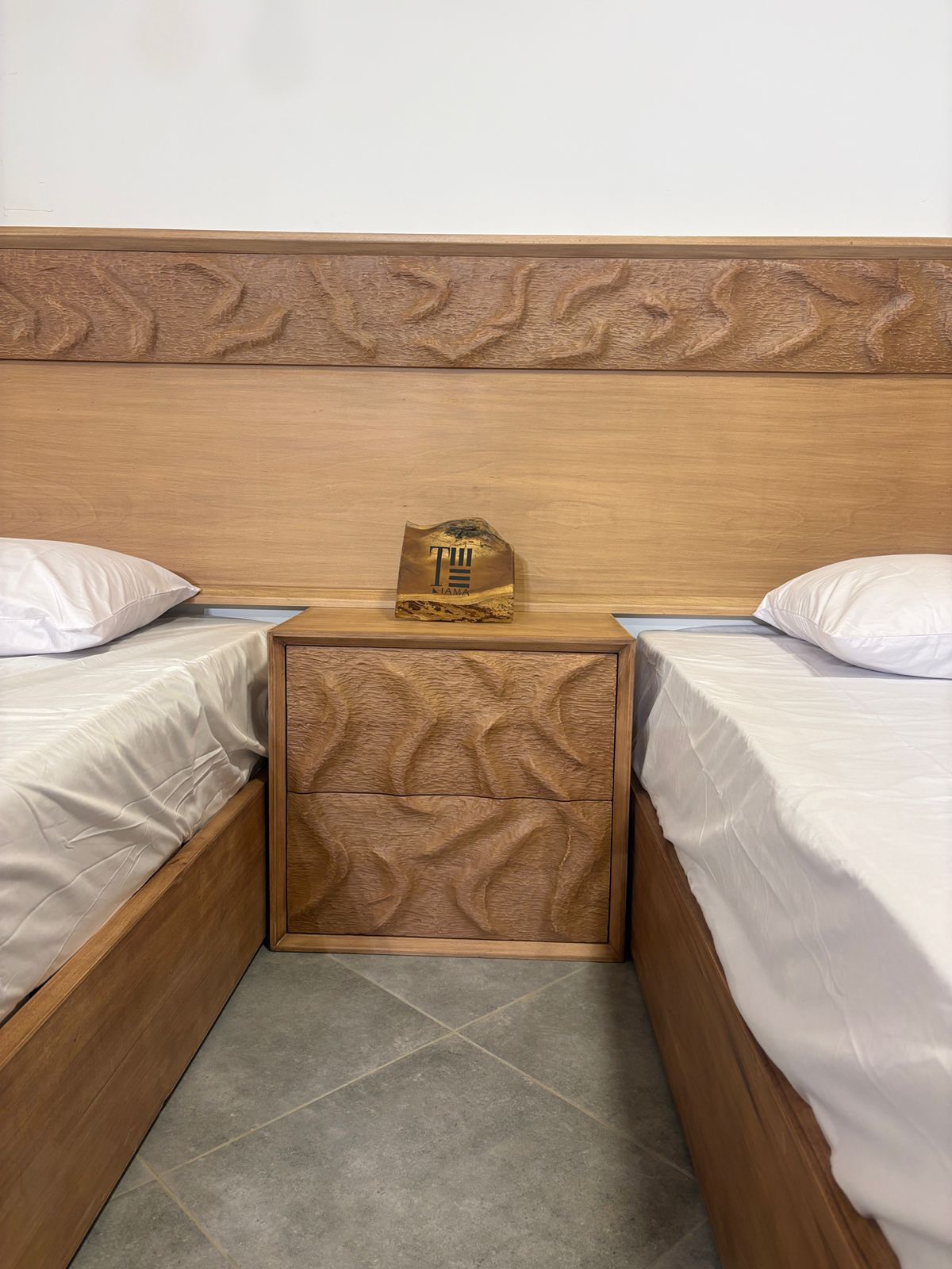 Dunes twin beds — Bed platform: Massive Beech wood — Headboard: Natural blockboard + Massive Beech "Hand carved Oyma" — 2