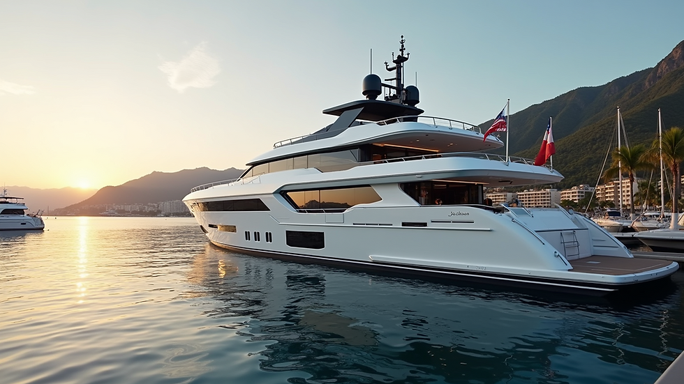 Eye-level view of a luxury yacht docked at a private marina