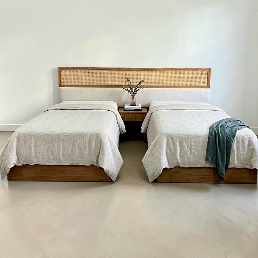 Tropical Twin beds — Bed platform: Massive Beech wood — Headboard: Massive Beech + Natural Indonesian rattan