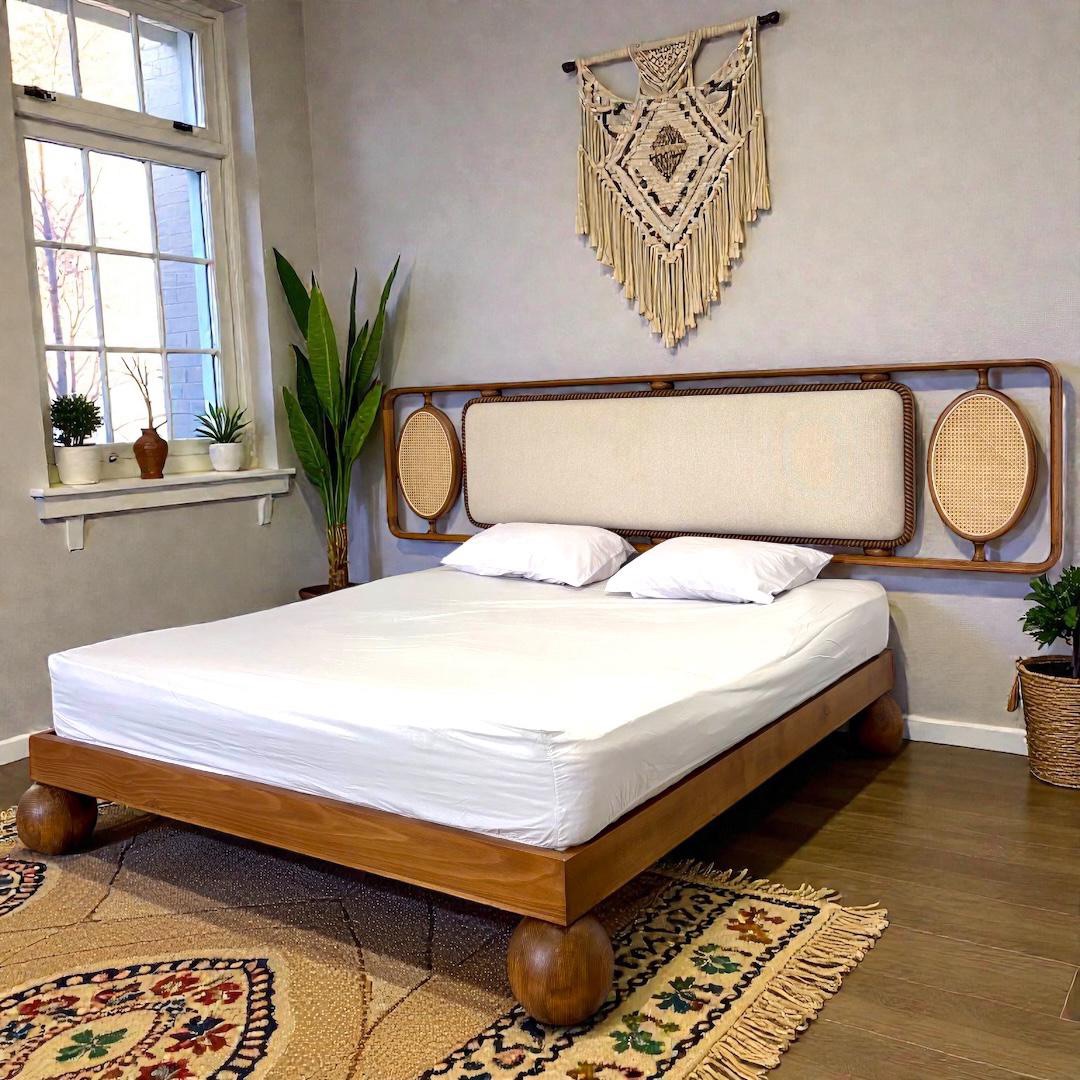 Kamar bed hand carved — Bed platform: Massive Beech wood — Headboard: Natural blockboard + Massive Beech "Hand carved Oyma" + Indonesian Rattan — 2