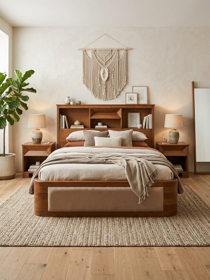 Evoque — Beds — Bed platform: Massive Beech wood "Hand carved round" — Headboard: Natural blockboard Beech veneer