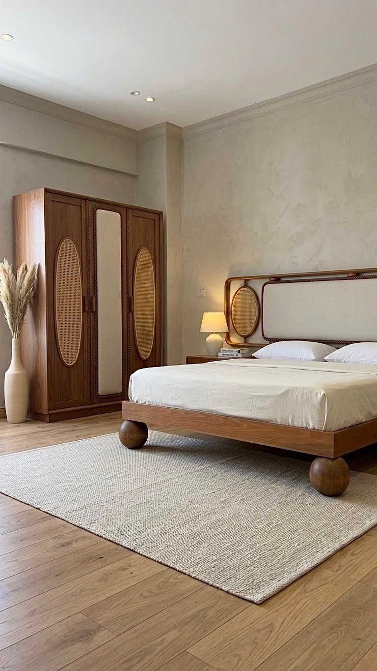 Kamar bed hand carved — Bed platform: Massive Beech wood — Headboard: Natural blockboard + Massive Beech "Hand carved Oyma" + Indonesian Rattan — 3
