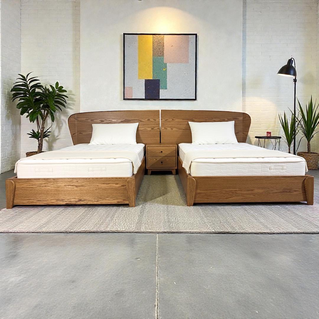Nagomi Twin beds — Bed platform: Massive Oak + Massive Pine wood Oak veneer — Headboard: Natural blockboard + Massive Oak