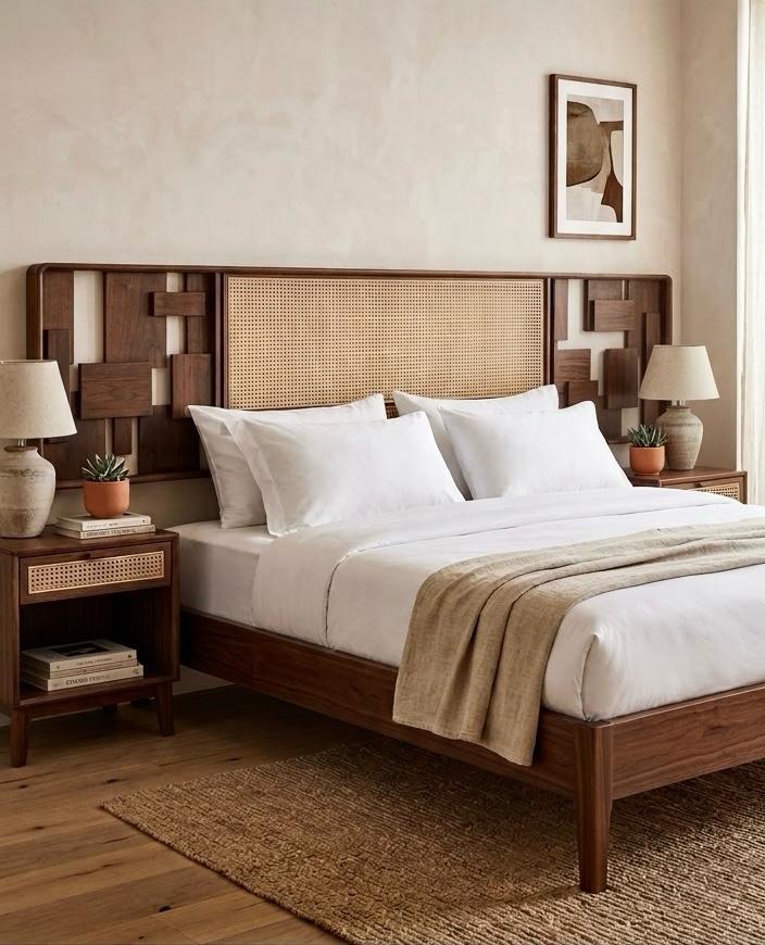 Artboho bed "original design" — Bed platform: Massive Beech wood — Headboard: Massive Beech + Natural Indonesian rattan