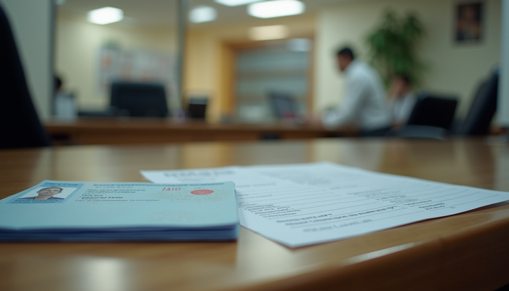 Vista a nivel de calle de una oficina de extranjería en España con documentos de visa