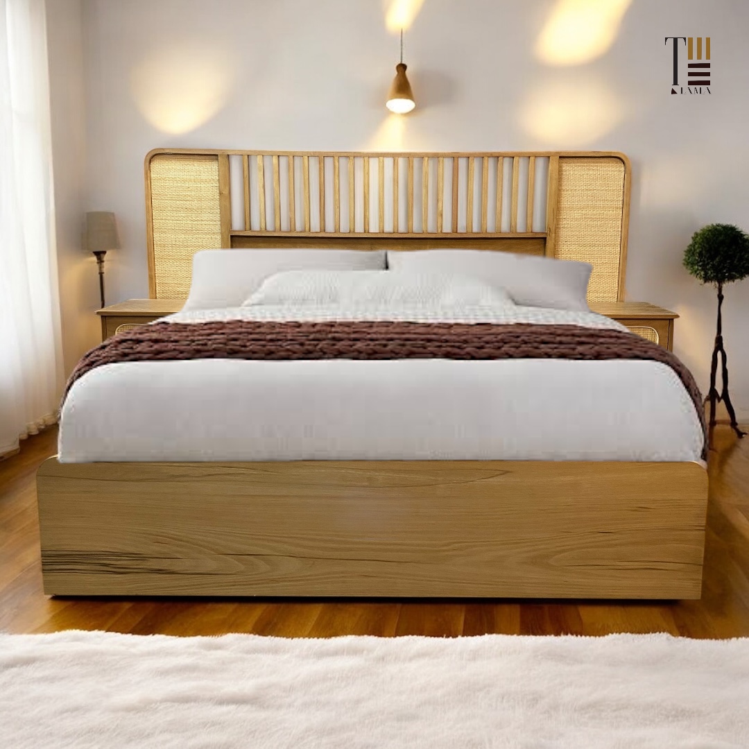 Coastal Bed — Bed platform: Massive Beech wood — Headboard: Massive Beech + Natural Indonesian rattan — 1