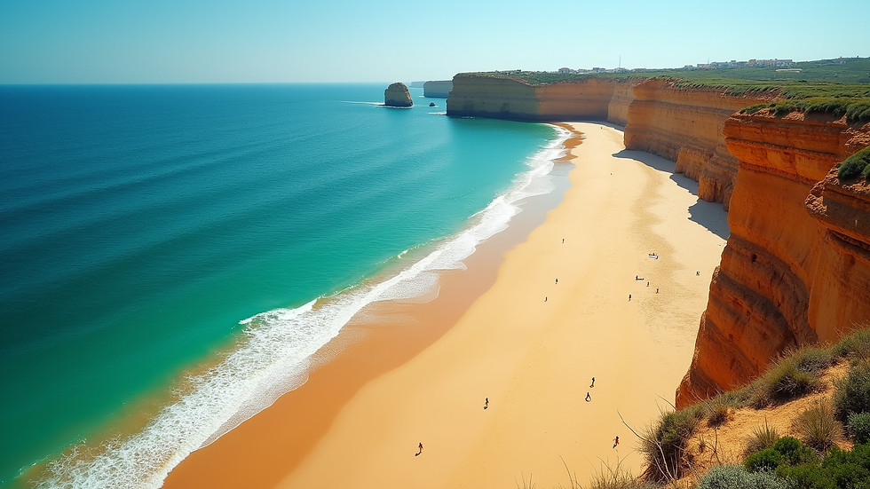 High angle view of Algarve’s golden beach and turquoise water