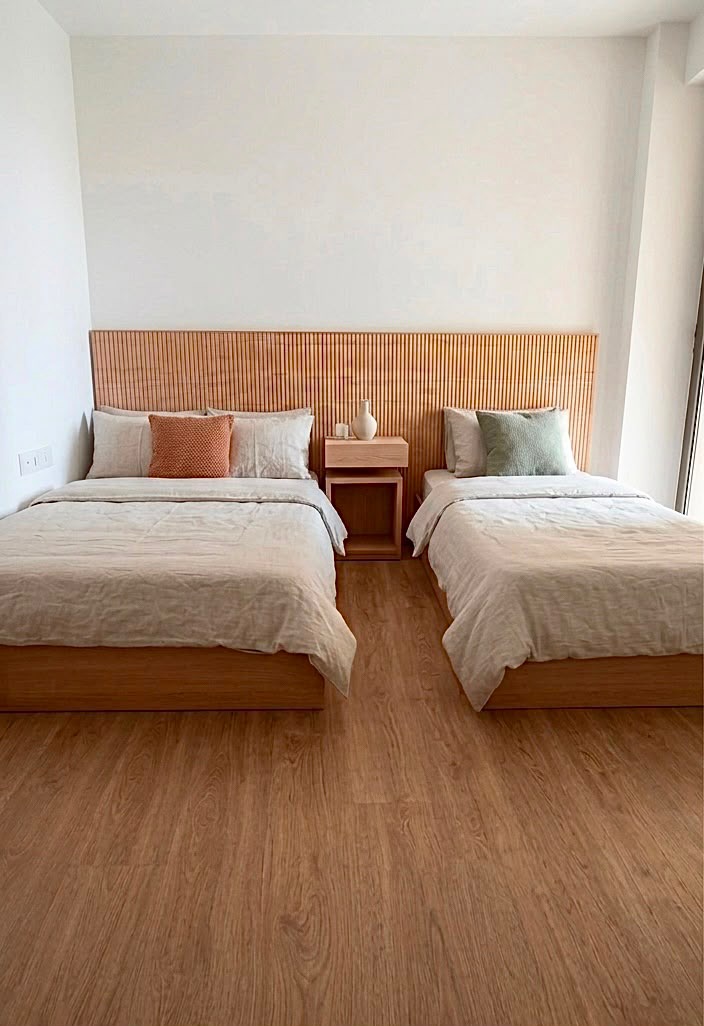 Minimalist twin beds — Bed platform: Massive Beech wood — Headboard: Spanish MDF Natural Oak veneer