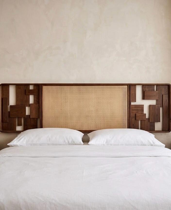 Artboho bed "original design" — Bed platform: Massive Beech wood — Headboard: Massive Beech + Natural Indonesian rattan — 2