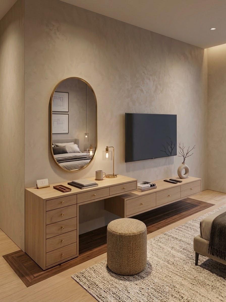 تسريحة — Integrated dresser with TV unit — الخامة: خشب كونتر طبيعي — القشرة: قشرة زان أو أرو أو جوز وفق الموديل واللون المطلوبين