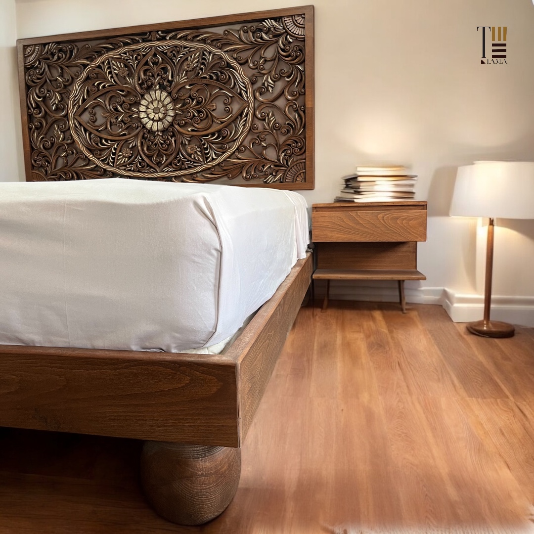 Royal salutes bed — Bed platform: Massive Beech wood — Headboard: Natural blockboard + Massive Beech "Hand carved Oyma" No CNC used