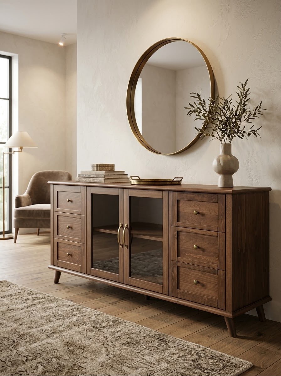 بوفيه سفرة — Midtown Sideboard — الخامة: 0.6cm زجاج + خشب زان مصمت +خشب كونتر طبيعي — القشرة: زان طبيعي