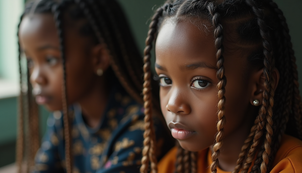Eye-level view of a braiding workstation with hair tools and products