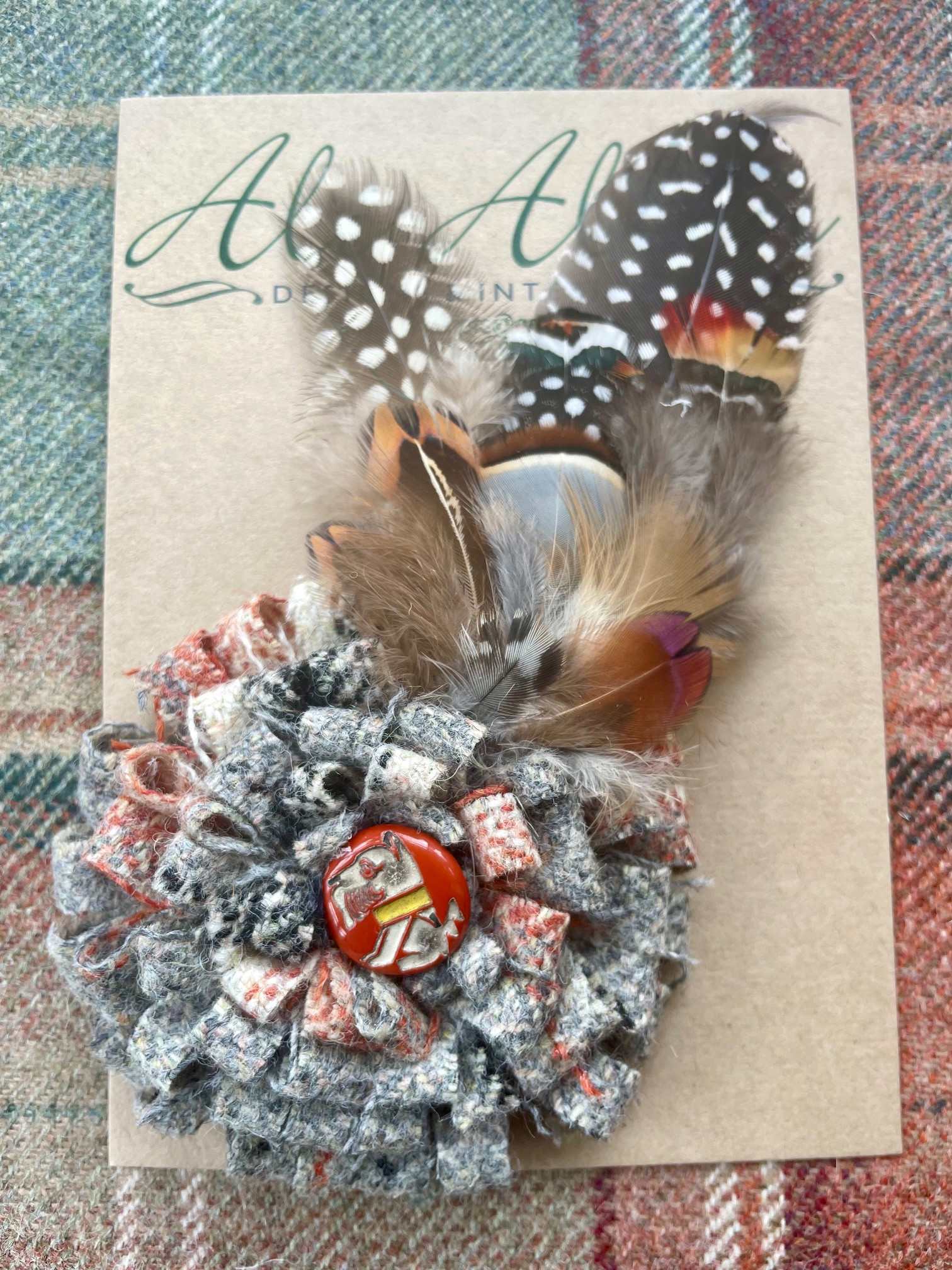 Large Grey/Orange Wool Hat Pin/Brooch with Scottie Dog button