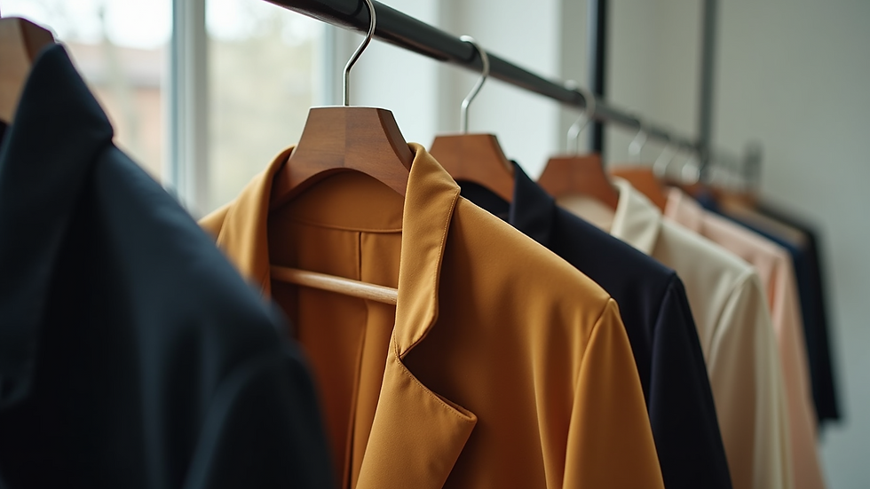 Close-up view of a stylish outfit on a hanger, ready for wear