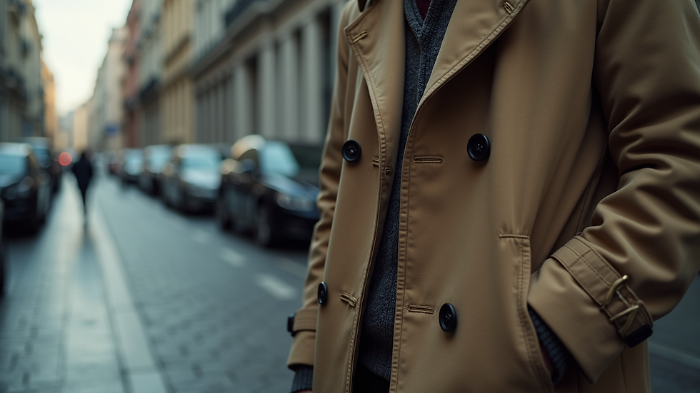 Close-up view of a men's trench coat with unique cut and pattern