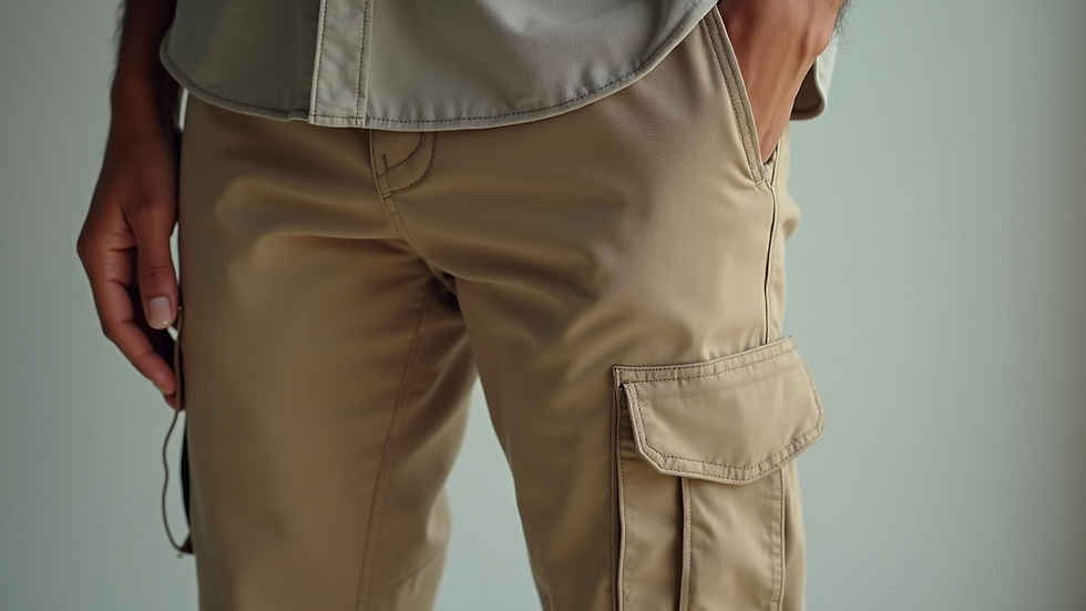 Close-up of beige slim-fit cargo pants with rolled cuffs