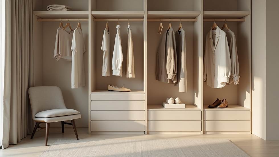 Eye-level view of a minimalist wardrobe with neutral-colored clothing neatly arranged