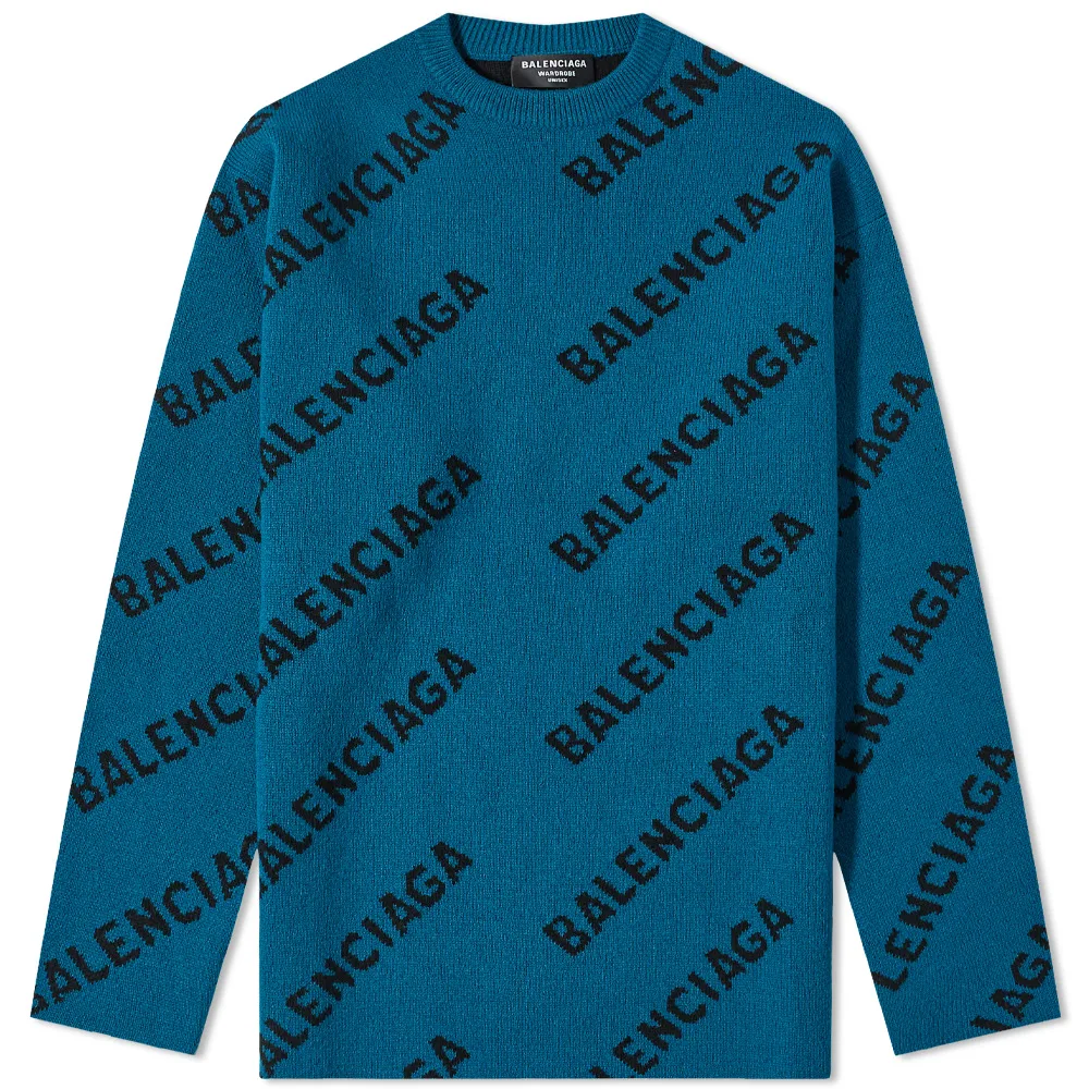 Пуловер Balenciaga с логотипом по всей поверхности темно-синий