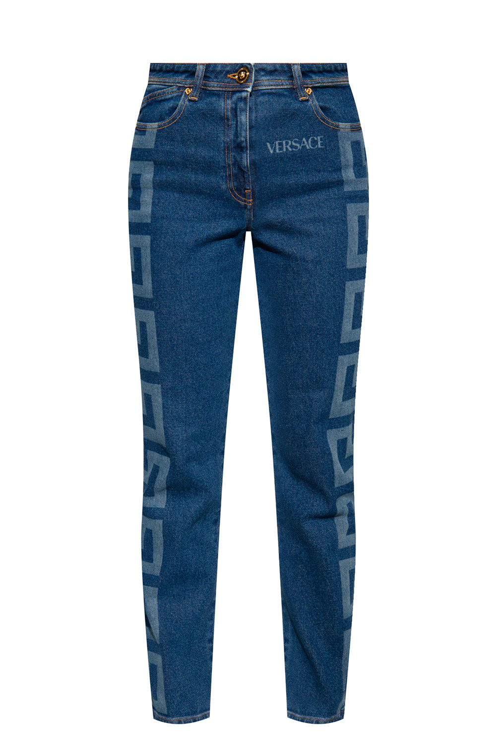 Синие джинсы Versace с логотипом La Greca