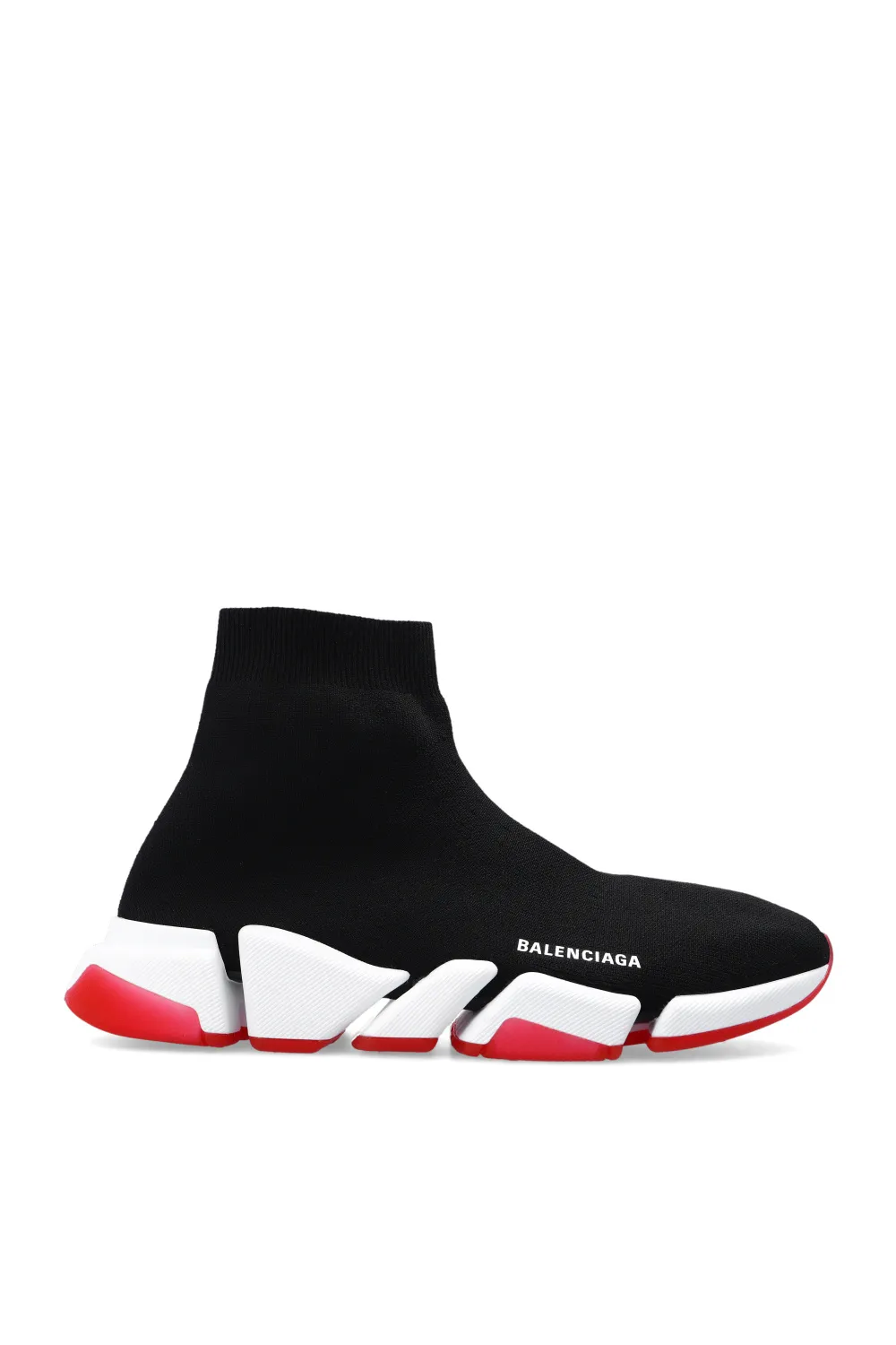 Текстильные кроссовки Balenciaga Speed 2.0 черно-белые с красной подошвой