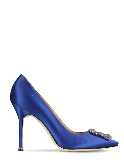 Атласные туфли с пряжкой Manolo Blahnik Hangisi 105mm Blue