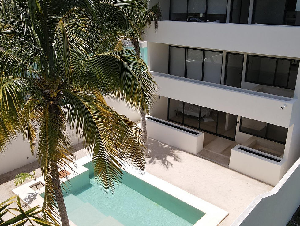 Foto de un condominio moderno de playa con alberca y palmera en primer plano, colores claros, formato horizontal