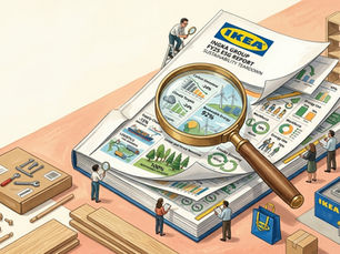 Editorial illustration of a large, open Ingka Group FY25 ESG sustainability report with the IKEA logo, examined under a magnifying glass by tiny analysts surrounded by flat-pack furniture boxes, timber, and sustainability metric charts.