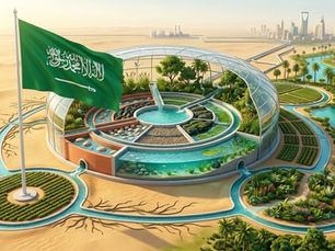 highly detailed 3D editorial illustration showing a massive, circular glass terrarium enclosing a lush wetland ecosystem, situated in a golden desert. Clear turquoise water flows through tiered filtration channels filled with rocks, plants, and algae inside the dome. Outside the structure, branching waterways and green agricultural plots spread into the arid landscape. A large Saudi Arabian flag flies prominently on a tall flagpole in the foreground. In the distant background, the Riyadh skyline and desalination pipelines are visible under a warm, sunny sky.