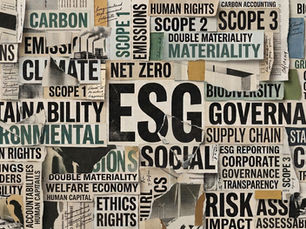 A 16:9 Dada-inspired editorial paper collage composed of layered vintage newsprint and corporate document fragments displaying prominent ESG terminology, including ESG, SUSTAINABILITY, ENVIRONMENTAL, SOCIAL, GOVERNANCE, SCOPE 1 2 3, NET ZERO, and CSRD.