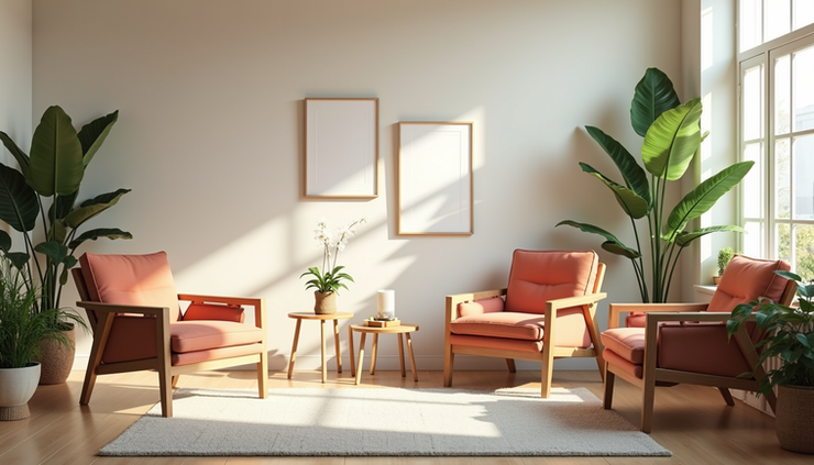 Eye-level view of a modern therapy room with calming natural light and comfortable seating
