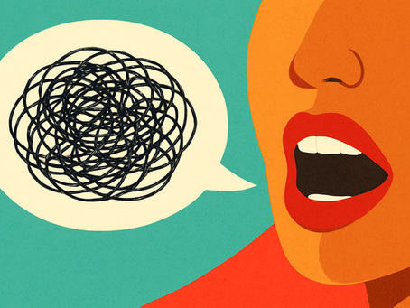 A stylized illustration of a person speaking, with a chaotic scribble inside a speech bubble, symbolizing confusion or tangled thoughts in communication.
