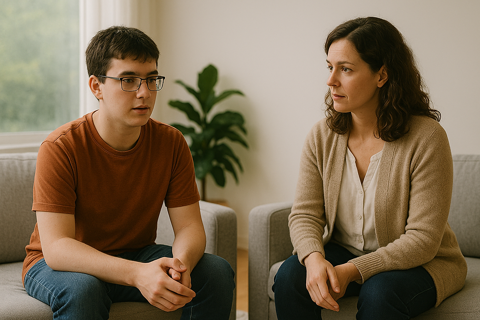 A teenage boy talks while sitting on a sofa as his therapist listens attentively from a separate chair in a calm, softly lit room.