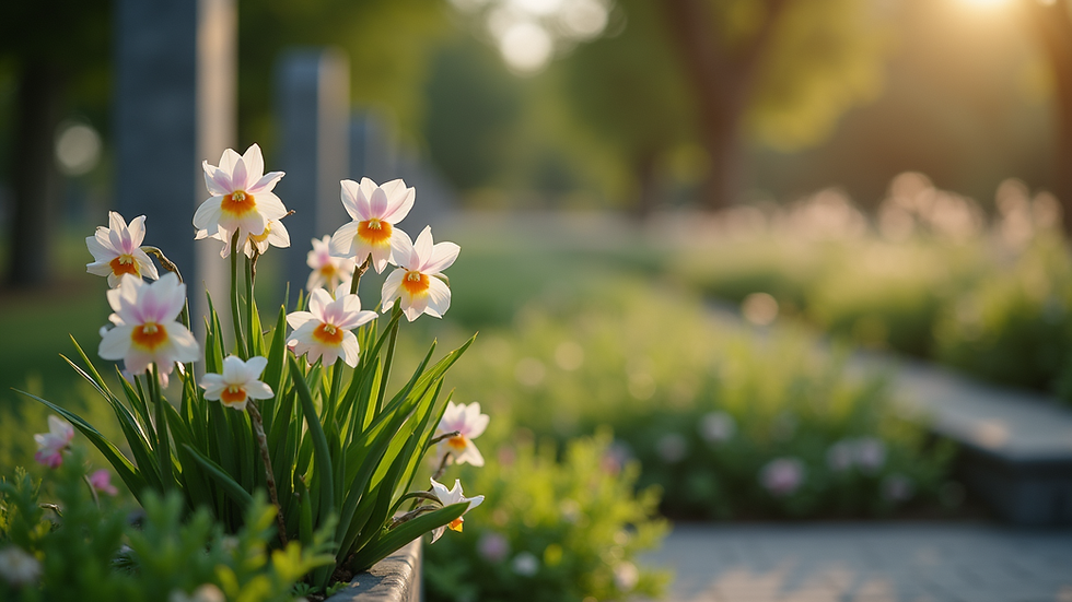 Close-up view of a serene memorial garden with flowers
