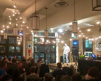 Saskatoon Comedian Joel Jeffrey performs at a clean comedy show in Brandon, Manitoba, Canada.