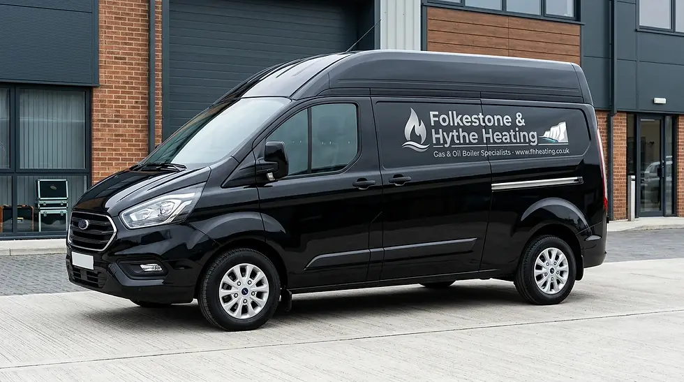 Packshot photography of a black commercial van. Branding displays "Folkestone & Hythe Heating", indicating a service vehicle.