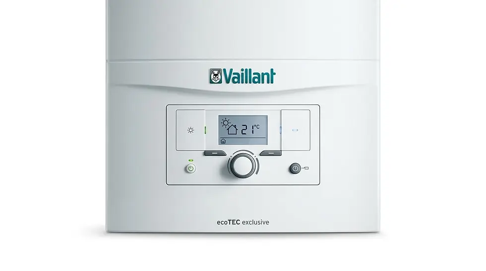 Packshot photography of a Vaillant ecoTEC exclusive boiler control panel. The digital display shows the current temperature and weather icons.