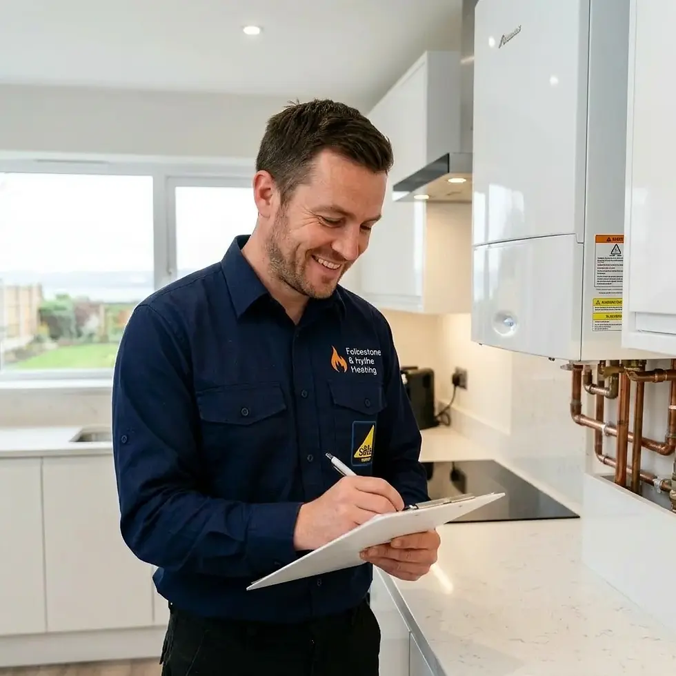 Commercial photography of a smiling technician writing on a clipboard in a modern kitchen. He appears to be inspecting wall-mounted boilers.