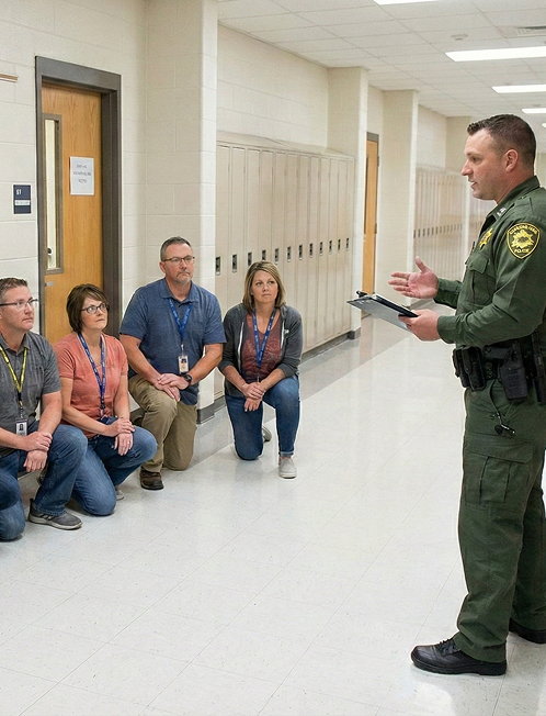 Officer speaking to school staff in a hallway.