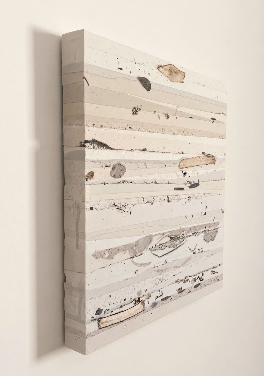 Layered Jesmonite cast wall art, with embedded materials and textures