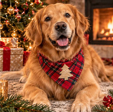 Golden Retriever wearing a Christmas neckerchief