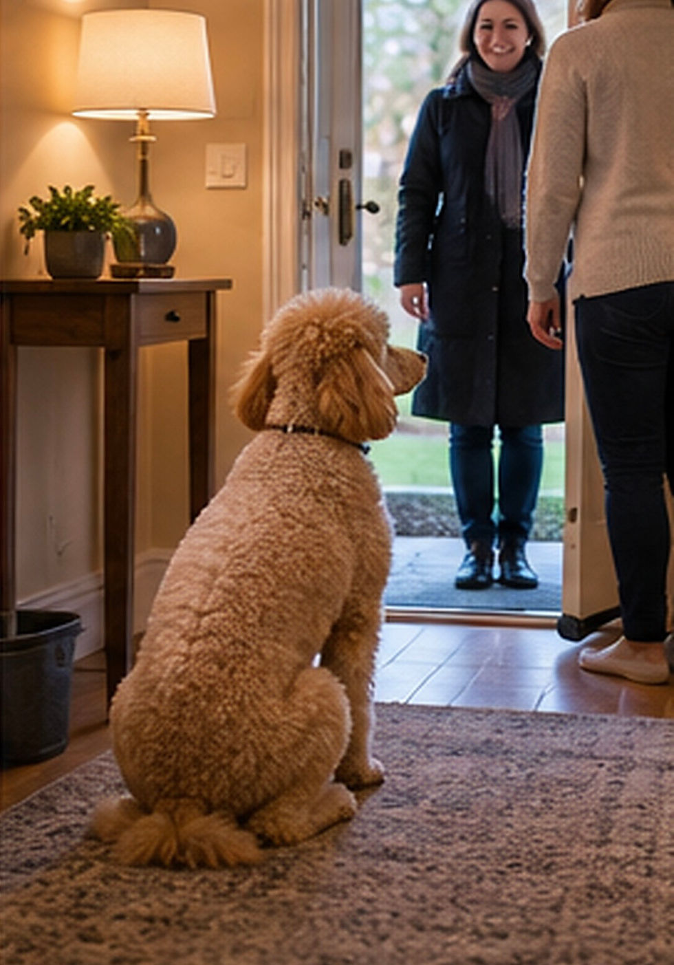 Poodle standing back in a hallway, politely watching a visitor being greeted