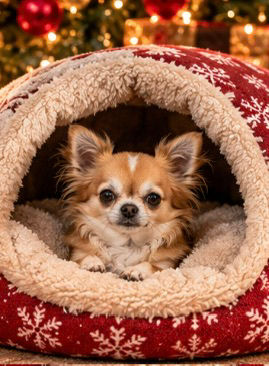 Chihuahua tucked into a cave bed
